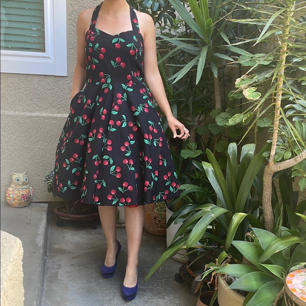 Sara Black and Red Halter Fit and Flare Cotton Midi Dress with Red Petticoat